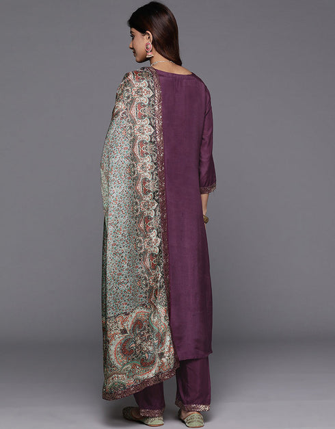 sophisticated plum purple blended silk pakistani style kameez with plazo dupatta set with plum purple blended silk 2861-20032 Back View